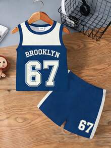 2pcs Baby Boy Casual Sports Set, Logo & Numeral Print Round Neck Tank Top Paired With Numeral Print Shorts, Suitable For Summer Outings - Multicolor - View 5