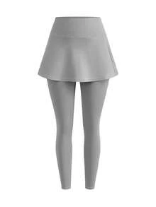 SHEIN Cheerettes 女款純色休閒日常旅行運動緊身灰色裙褲，柔軟彈性面料，透氣吸濕排汗，側開衩雙口袋，健身適用 - 灰色 - 查看 3
