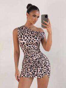 Sirith Women's Red Leopard Print Asymmetrical Shoulder Top And Pleated Mini Skirt 2 Pieces Set Party Club Summer Sexy - Multicolor - View 1