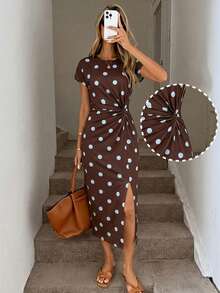 SHEIN LUNE Plus Size Polka Dot Print Twist Front Split Dress - Multicolor - View 1
