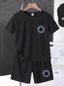 青少年男孩休閒簡約卡通圖案圓領短袖T恤與短褲兩件套，適合夏季 - 黑色 - 查看 4