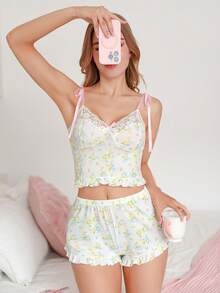PetitDoll Eraneu/2件組 女款甜美花卉蕾絲拼接綁帶細肩帶背心上衣與荷葉邊短褲睡衣套裝 - 彩色 - 查看 3