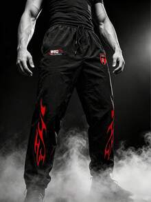Gym Rark Men's Drawstring Waist Flame Print Casual Daily Travel Sports Long Pants, Gym - Black - View 6