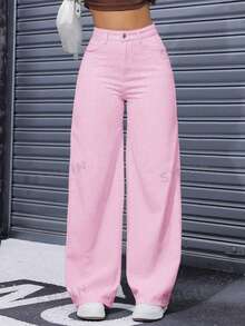 SHEIN ICON 女款休閒牛仔長褲，附口袋與鈕扣，適合日常穿著 - 淺粉色 - 查看 1