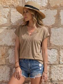 EMERY ROSE Solid V Neck Batwing Sleeve Tee - Khaki - View 7