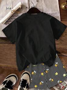 Tween Girl 隨意簡約卡通圖案短袖上衣與短褲兩件套，適合 - 彩色 - 查看 4
