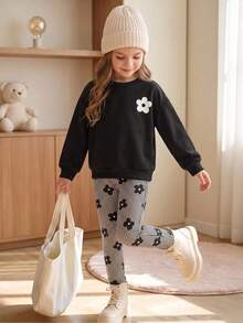 Young Girl Casual Crew Neck Long Sleeve Sweatshirt & Leggings 2 Pieces Set, Suitable For Autumn/Winter Back To School Pull Autumn And Winter - Multicolor - View 4