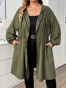 SHEIN CURVE+ 大尺碼純色連帽拉鍊休閒長袖夾克，2026 秋冬 22W - 綠色 - 查看 3