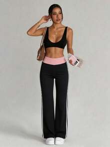 Dewbera Dewbera Women's Colorblock Casual Daily Travel Sports Long Pants - Black - View 2