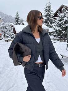 DAZY Women's Solid Color Long Sleeve Korean Style Cotton Padded Coat With Turn-Down Collar - Blue - View 4