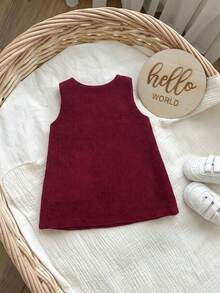 SHEIN 新生女嬰可愛紅色休閒卡通刺繡圖案秋冬洋裝 - 酒紅色 - 查看 3