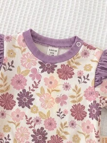 SHEIN 新生女嬰花卉圖案可愛紫色休閒短袖衛衣與長褲套裝 - 粉色 - 查看 6