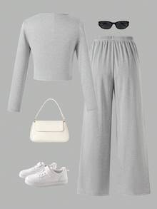 Autumn/Winter Gentle Gray Ribbed Knit 2 Pieces Set For Girls, Slim Fit Short Single-Breasted Round Neck Long Sleeve Top And High-Waist Drawstring Draped Wide Leg Pants, Casual Versatile - Grey - View 2