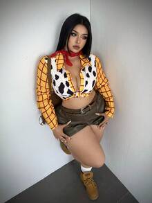 Whyspr Halloween Cosplay Plus Size Cow Print Shirt, Cute Plaid Patchwork Shirt, Slim Fit, Early Autumn Women's Halloween Costume Fall - Multicolor - View 6