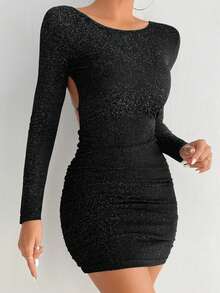 SHEIN PETITE Women Dresses Rantai Backless Criss Cross Plain Pesta - Hitam - View 4