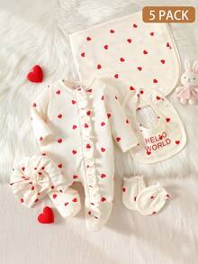 SHEIN 5pcs Newborn Baby Girl Romper Set Cute Sweet Cream Red Heart Ruffle Bow Ribbed Long Sleeve Round Neck Baby Shower Fall First Birthday Cozy Gift - Apricot - View 3