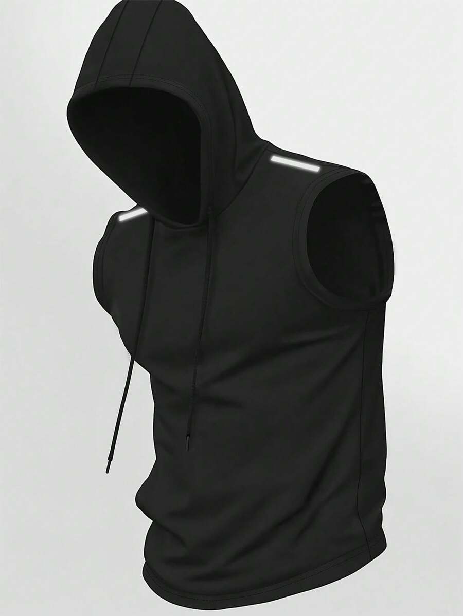 Coreblaze Camiseta sin mangas deportiva con capucha y cordón para hombre para fitness diario - Negro - Ver 1