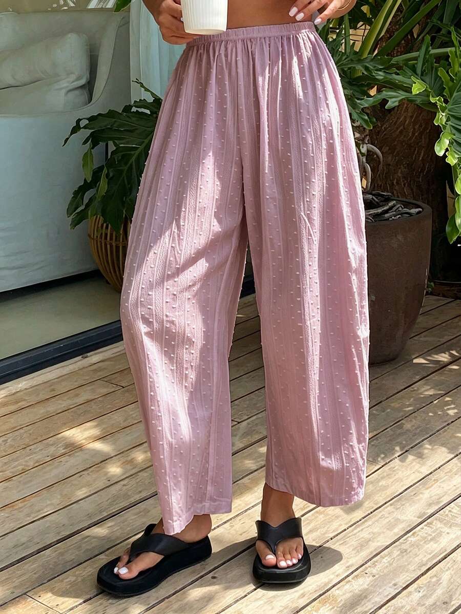 Livesso Women's Loose Solid Color Textured Fabric Pajama Bottoms For Spring, Summer, Autumn, Vacation - Pink - View 1