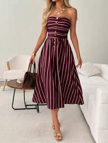 SHEIN LUNE Women's Casual 70s Retro Elegant Burgundy Stripe Metal Buckle Decor Summer Vacation Commute Vacation Daily Sleeveless Bandeau Midi Dress Brunch Party - Burgundy - View 6