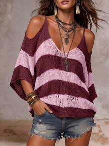 Solivie Women's Fashion Hollow-Out Off-Shoulder Colorblock Sexy Sweater For Vacation - Burgundy - View 8