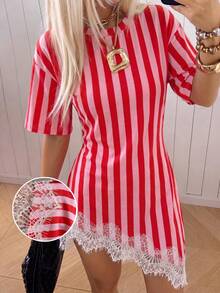 SHEIN EZwear 休閒度假風紅色直條紋滿版印花針織貼身洋裝，適合春夏度假 - 彩色 - 查看 8