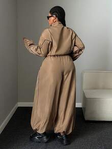 Mawevolt Plus Size Women's Colorblock Zipper Long Sleeve Jacket And Pants Casual Everyday 2 Pieces Set Fall - Khaki - View 5