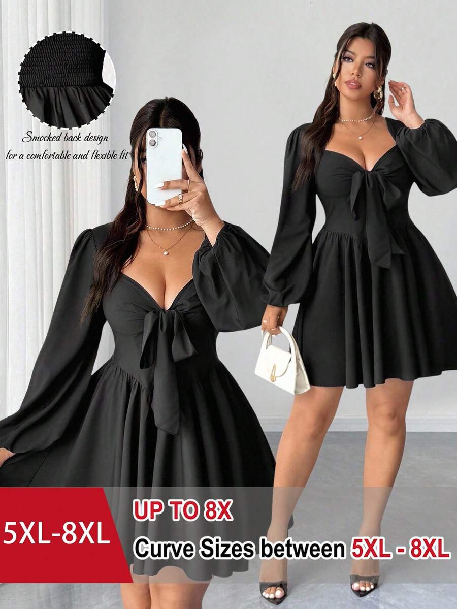 SHEIN CURVE+ 大码女士性感系带露背镂空黑色迷你连衣裙,秋季款 - 黑色 - 查看 1