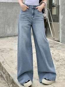 DAZY Calça Denim Feminina Casual para o Dia a Dia Lavada com Bolso Inclinado e Perna Larga para Escola - Azul bebê - Visão 2
