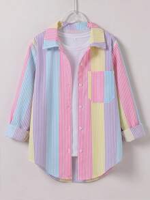 Elladie kids Tween Girl Striped Sun Protection Shirt, Spring/Summer, Korean Style,Holiday,Summer,Travel - Multicolor - View 1