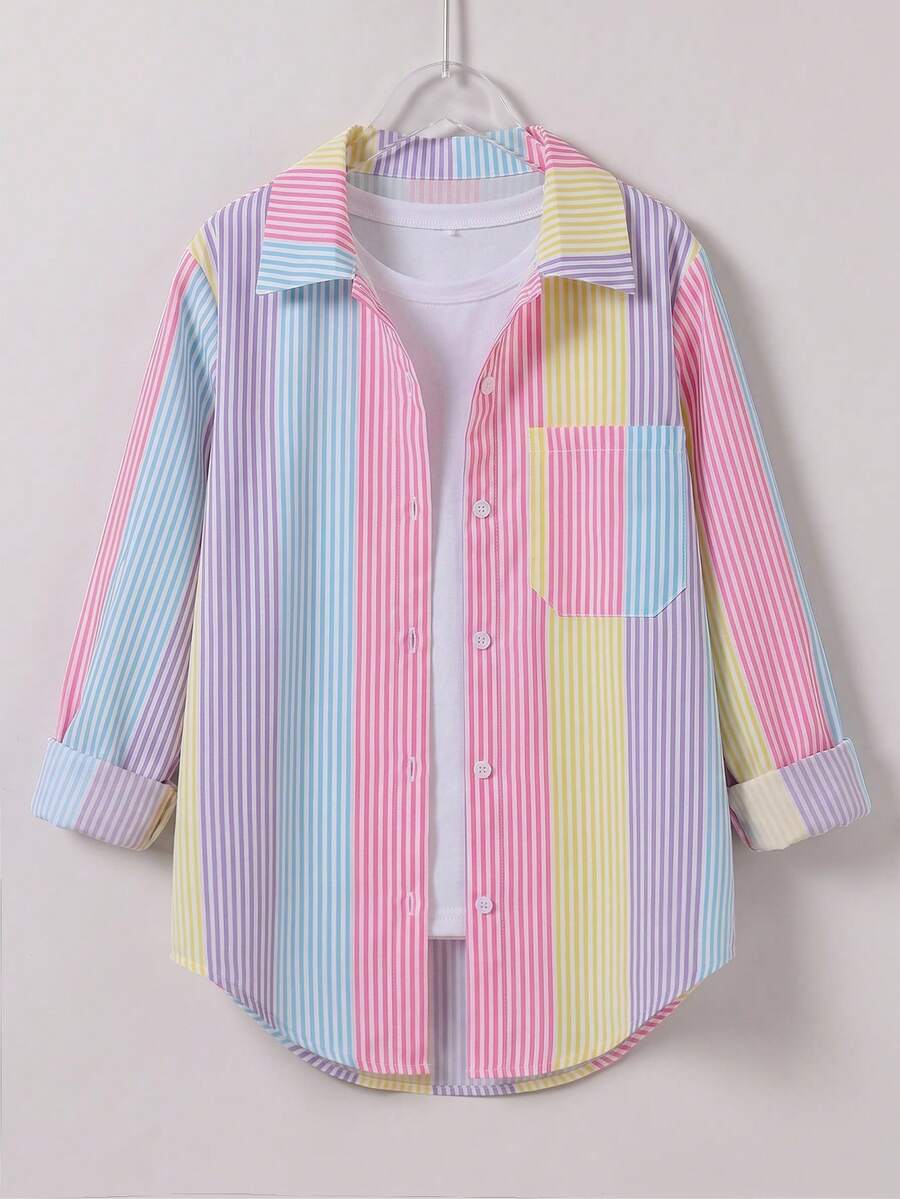 Elladie kids Tween Girl Striped Sun Protection Shirt, Spring/Summer, Korean Style,Holiday,Summer,Travel - Multicolor - View 1
