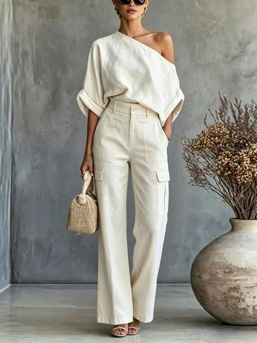 Glimmora Setelan Dua Potong Off-White Gaya Liburan Minimalis dengan Bahu Asimetris dan Celana Kargo Kaki Lebar Pinggang Tinggi untuk Wanita, Pakaian Santai untuk Berpergian - Krem - View 1