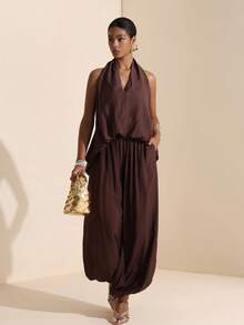 SHEIN Veneréa 女款紋理素色百褶掛脖上衣與口袋長褲兩件套 - 棕色 - 查看 4