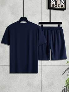 Genlund Loose Fit Men's Solid Color Drop Shoulder T-Shirt & Shorts Set, Cozy Outfits Holiday - Navy Blue - View 2