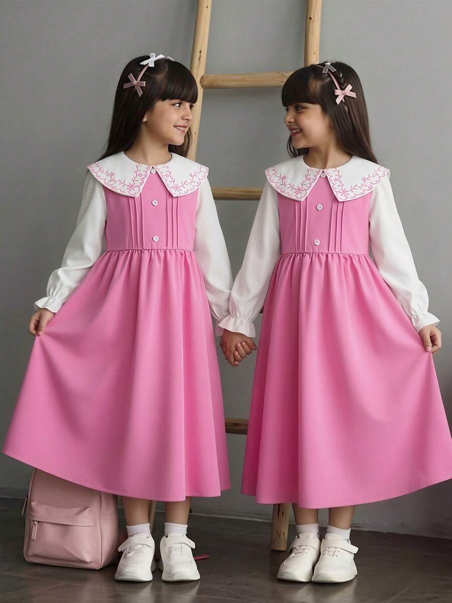 SHEIN 1件少女春/秋新款優雅編織翻領泡泡長袖拼接修身連身裙,休閒日常穿著、外出、聚會、學校、度假、旅行、生日派對禮物 - 粉色 - 查看 1