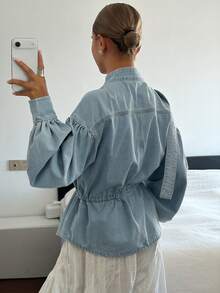 hollyjadebate Chemise blouse en jean élégante pour femme, bleu clair, automne, ajourée, à lacets, taille cintrée, coupe ample, décontractée, pour le bureau et les trajets quotidiens, avec col montant - Bleu azur - Voir 6