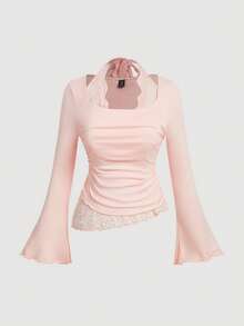 SHEIN MOD 大尺碼蕾絲拼接不對稱下擺綁帶領修身女款T恤，腮紅粉，夏季，優雅，正式，婚禮賓客情人節工作襯衫上衣 - 粉色 - 查看 1