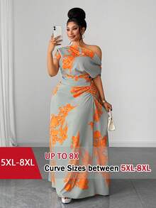 SHEIN CURVE+ 大码印花褶皱腰部开衩露肩休闲度假连衣裙 - 彩色 - 查看 1