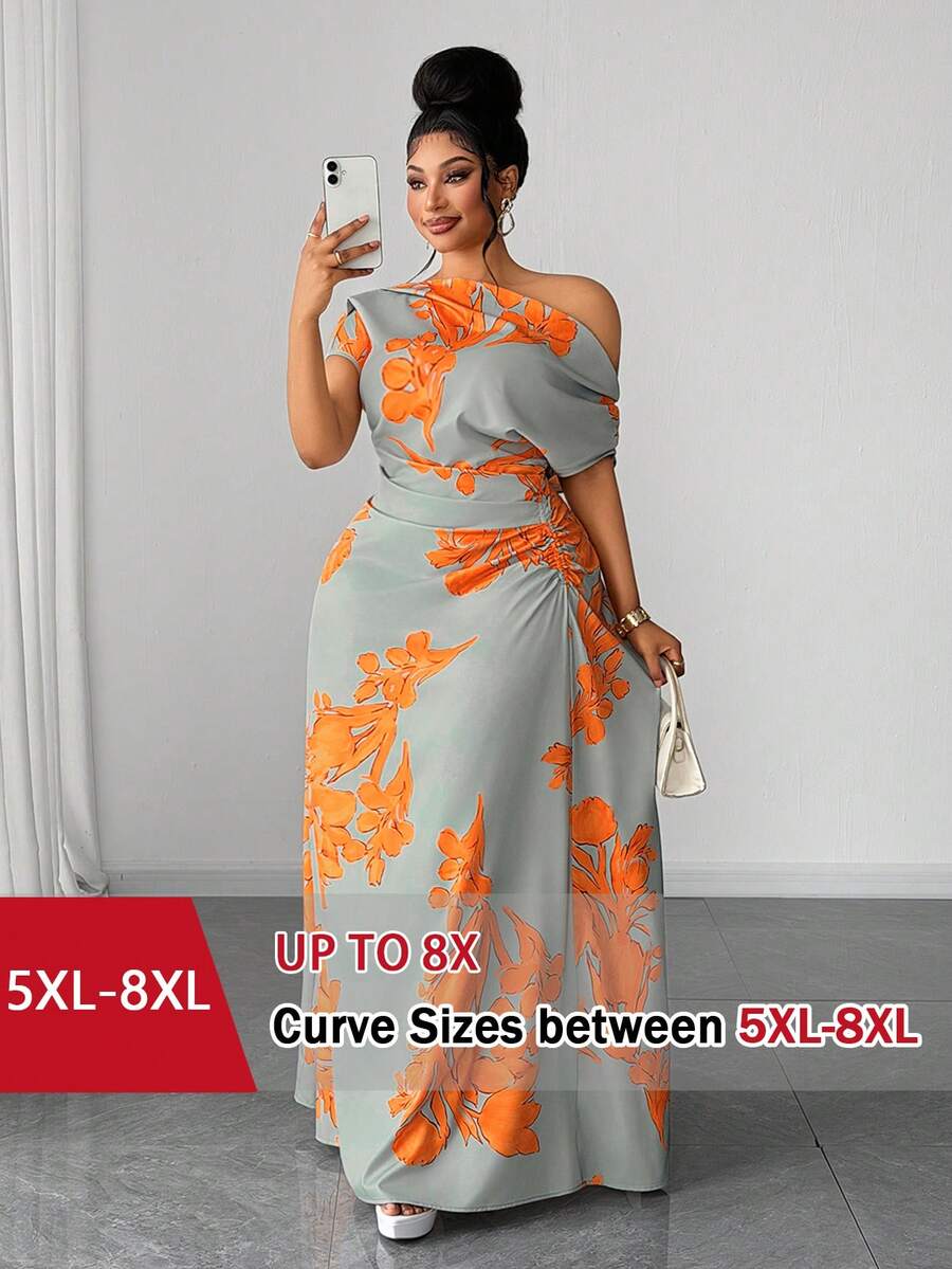 SHEIN CURVE+ 大码印花褶皱腰部开衩露肩休闲度假连衣裙 - 彩色 - 查看 1