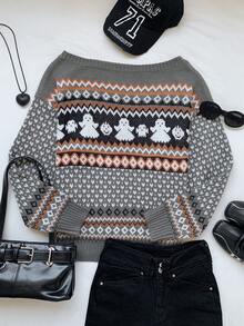 Comfortcana Women's Christmas Ghost Geometric Pattern Knit Top - Multicolor - View 6