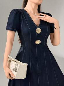 Feyla Plus Size Women's Metal Shell Decor Short Puff Sleeve Elegant Dress Fall - Navy Blue - View 2