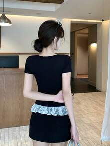 DAZY Women's Summer 2 In 1 Ruffle Bow Tie Short Sleeve T-Shirt - Black - View 2