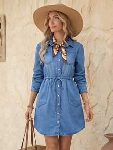 EMERY ROSE Vestido vaquero casual de mujer con cintura con cordón y botones delanteros, otoño - Azul lavado medio - Ver 3