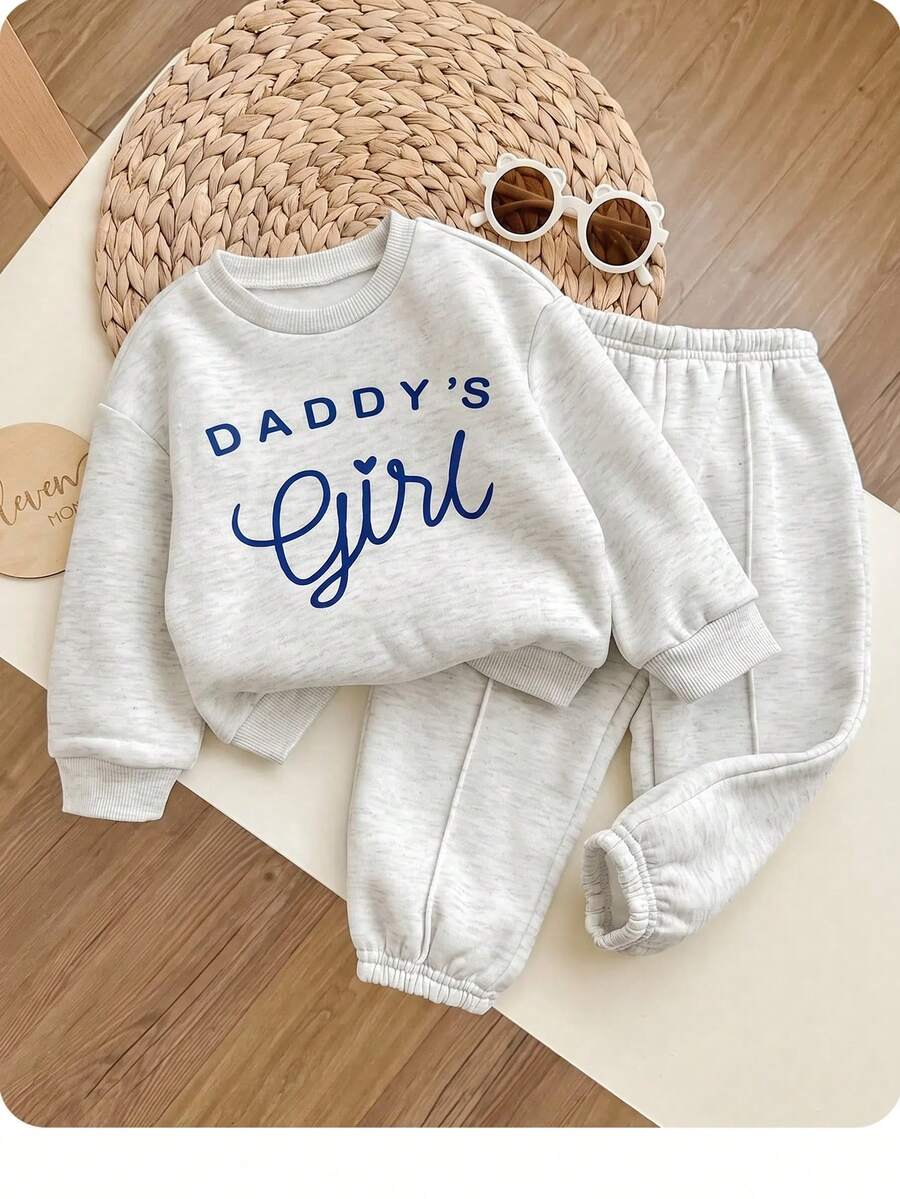 SHEIN ملابس أطفال بنات محبوكة بنمط حروف خريف/شتاء بلوزة طويلة الأكمام & بنطال طويل بخصر مطاطي 2 قطعة - رمادي - مشاهدة 1