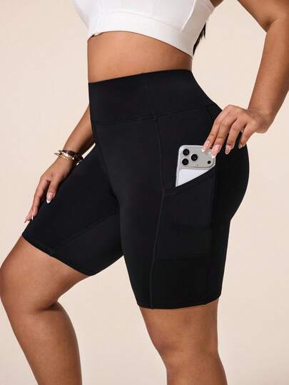SHEIN Rhythm Era Plus Size Women's High Waist Peach Butt Lifting Yoga Shorts, Elastic Slim Fit Minimalist Sports Shorts With Pockets, Spring/Summer Versatile Casual Street Fitness Running Shorts, Suitable For Running, Fitness, Outdoor, Commuting