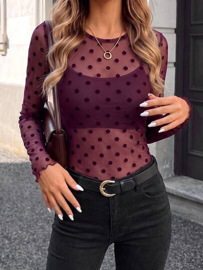 SHEIN Fashionable New Round Neck Textured Sheer Slim Fit Long Sleeve Women's T-Shirt, Holiday, Vacation, Beach, Commute, Vacation, Elegant Party Top