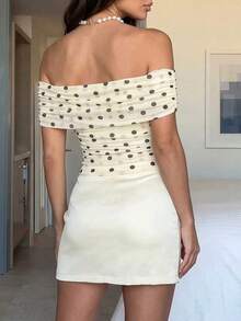 Privoire Women's Summer New Beach Outfit Fashion Versatile Daily Wear Holiday Outfit Music Festival Versatile Slim Fit High-End Polka Dot Print Mesh Off-Shoulder Patchwork Cream Yellow Satin Short Dress - Yellow - View 2
