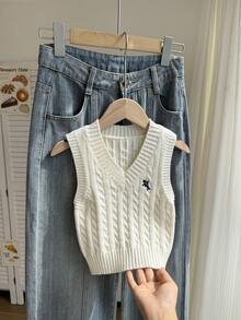 SHEIN 女童粉色刺繡背心毛衣，圓領，適合搭配裙子，適合秋冬春夏穿著 - 米色 - 查看 4