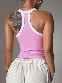 SHEIN Sports 1pc Regular Tank Top, Colorblock Design, Basic Style, Pink, Sports Vest, Fitness, Yoga Seamless - Pink - View 2
