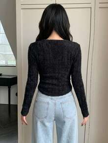 DAZY 女款素色休閒百搭日常長袖T恤 - 黑色 - 查看 6
