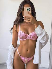 Aloruh 女士花卉刺绣网眼性感内衣套装 2 件套，适合外出穿着 - 粉色 - 查看 3